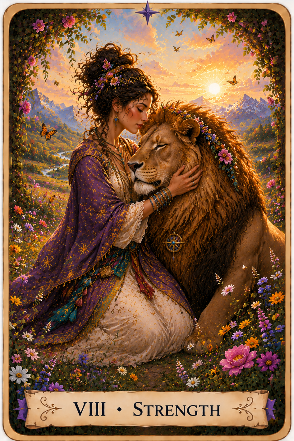 Strength from The Unconquered Heart Tarot depicts a woman kneeling beside a large lion in a field of colorful wildflowers. She wears flowing purple, green, and white clothing with gold details and has flowers woven into her hair. Her eyes are closed as she rests her forehead against the lion’s head and holds its face gently between her hands. The lion’s eyes are also closed, and flowers are woven into its mane. Butterflies and birds fly overhead, with mountains, a winding river, and a bright sun in the background.