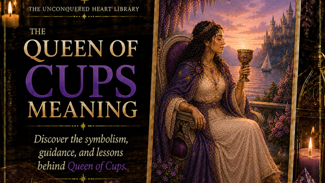 Queen of Cups Tarot Card Meaning featuring the card from the Unconquered Heart Tarot. Card is fully described in the article.