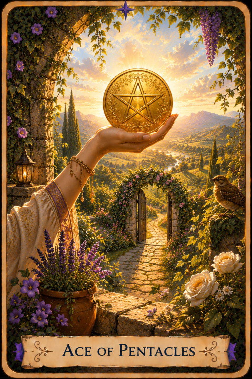 Ace of Pentacles Tarot card from the Unconquered Heart Tarot showing a hand holding a golden pentacle above a flower-filled garden. An open garden gate leads along a stone path toward a sunlit valley and distant mountains.