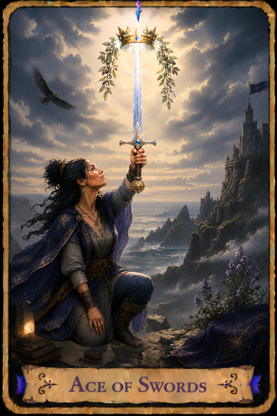 Ace of Swords Tarot card showing a woman with long dark curly hair wearing a gray dress, leather bracers, and a flowing blue cloak as she kneels on a rocky cliff overlooking the sea. She raises a large silver sword high above her head while looking up toward its glowing blade. A golden crown draped with leafy branches rests upon the tip of the sword as rays of light shine through the clouds behind it. A large bird flies across the sky, while waves crash against rocky cliffs below a castle perched on the shoreline. Purple wildflowers bloom beside the stone path, and a lantern glows near a small stack of books at the woman's feet. Dark clouds stretch across the sky, broken by brilliant sunlight shining through the opening above the sword.