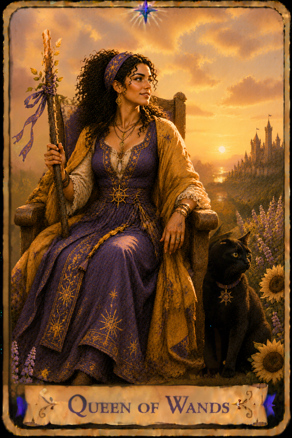 Queen of Wands Tarot card showing a woman with long curly dark hair seated on a carved wooden throne beneath a warm golden afternoon sky. She wears a flowing purple gown embroidered with golden designs, a cream-colored blouse, and a golden shawl draped over her shoulders. She smiles gently as she looks toward the distance while holding a tall wooden wand decorated with purple ribbons and fresh green leaves. A black cat wearing a collar with an eight-pointed compass sits attentively beside her throne among blooming purple flowers and sunflowers. A castle overlooks the distant hillside above the sparkling sea, while the late afternoon sun casts a warm glow across the landscape.