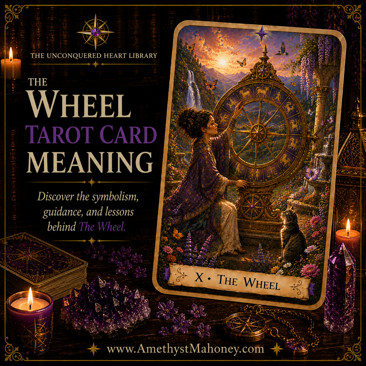 The Wheel Tarot Card Meaning, featuring The Wheel from The Unconquered Heart Tarot. Follow this image to read the article, including a full description of the card.