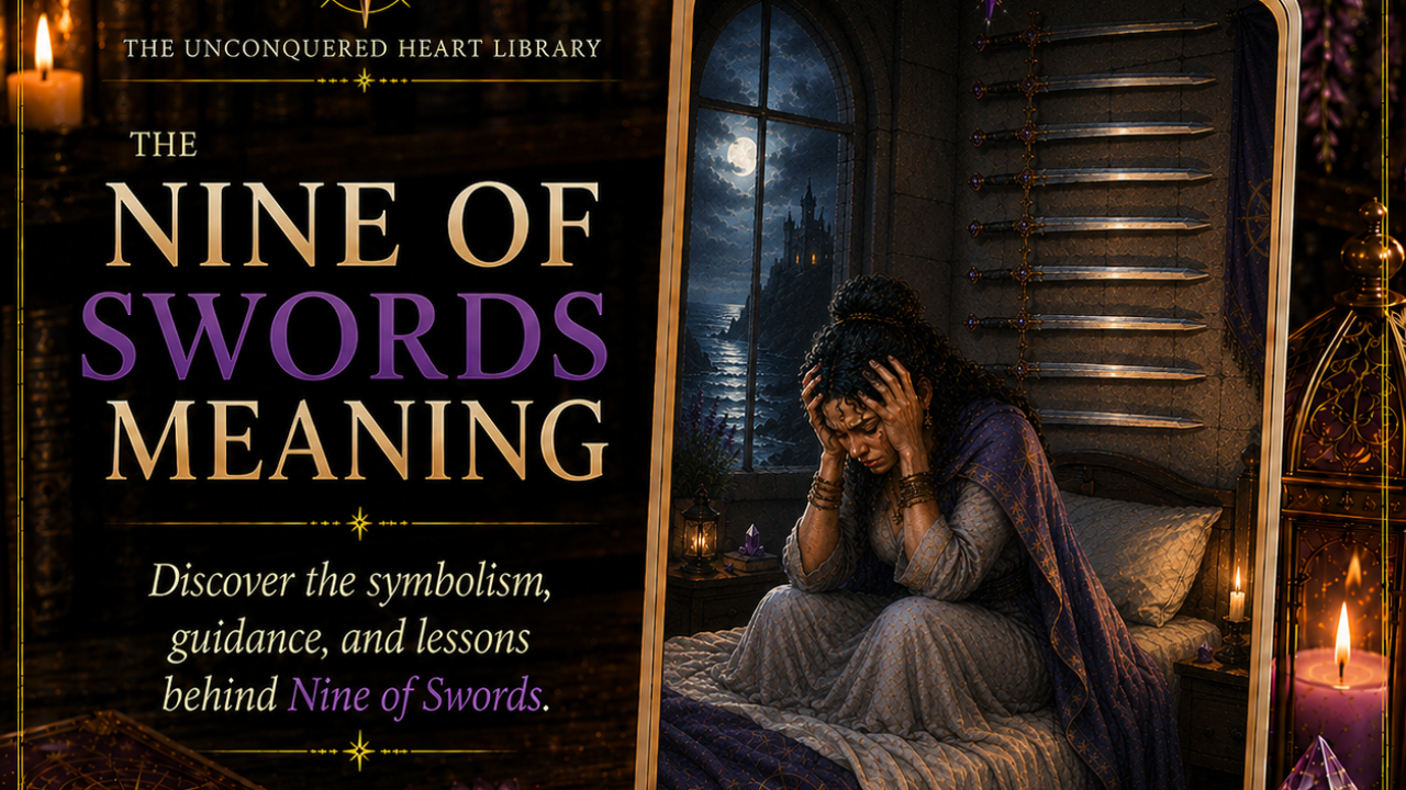 Nine of Swords Tarot Card Meaning featuring the card from the Unconquered Heart Tarot. Card is fully described in the article.
