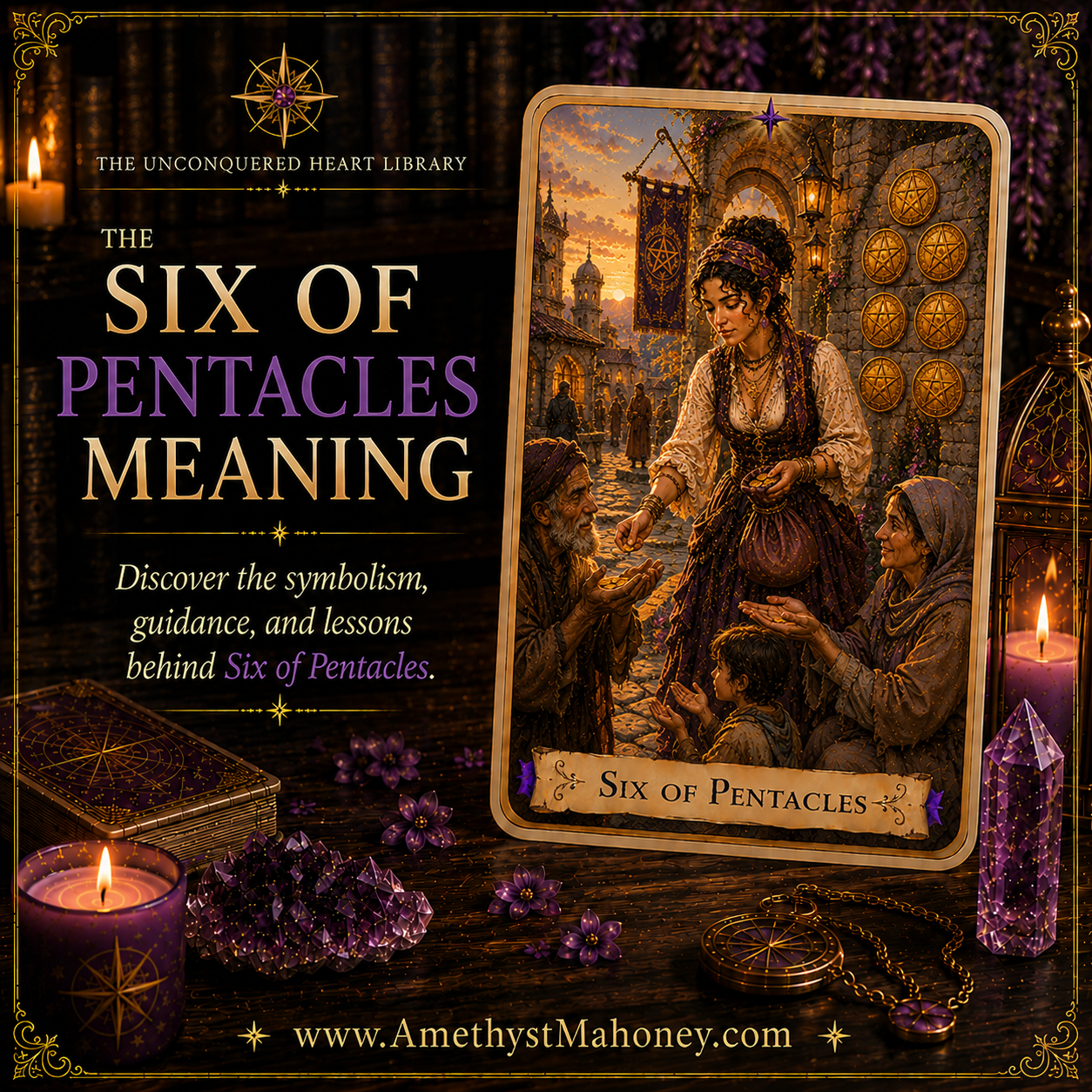 The Six of Pentacles Tarot Card Meaning, featuring The Six of Pentacles from The Unconquered Heart Tarot. Follow this image to read the article, including a full description of the card.