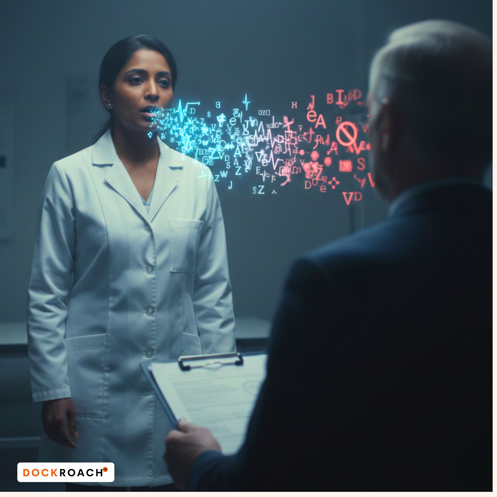 AMC Clinical Exam scenario showing an IMG doctor speaking while distorted language symbols emerge toward an examiner, illustrating how unsafe wording, euphemisms, and poor phrasing can silently signal lack of competence under pressure during the AMC OSCE.