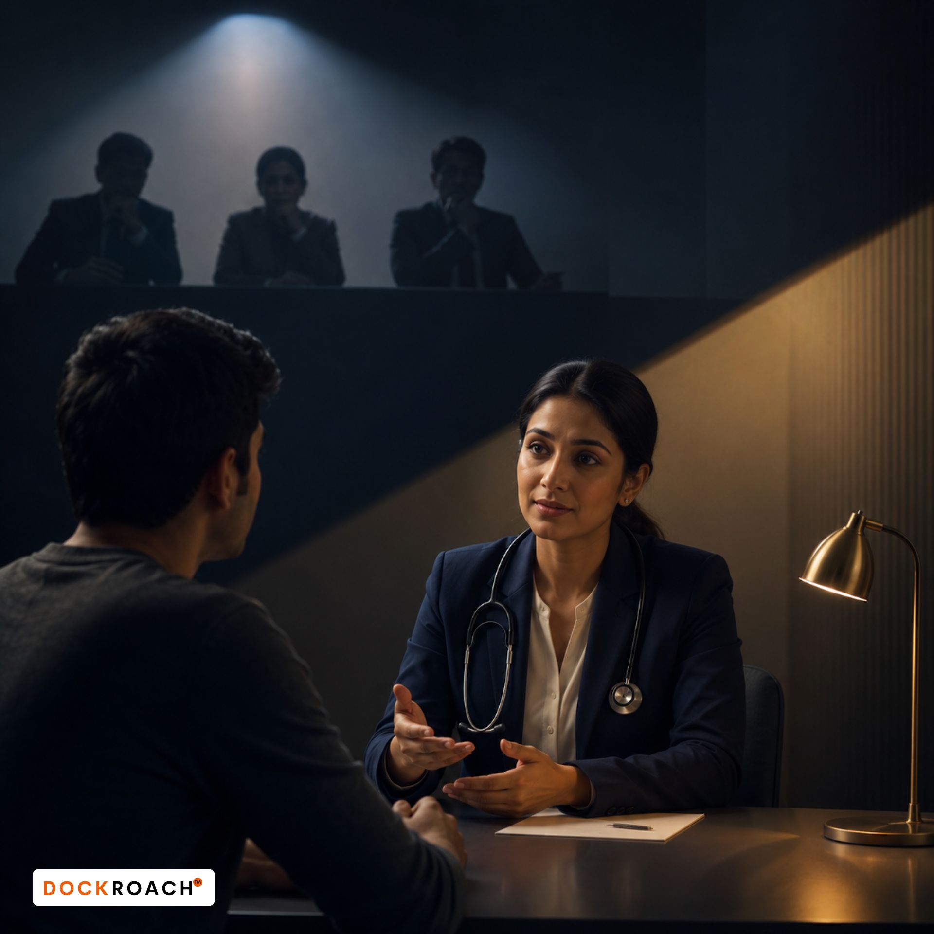 A doctor calmly listens and explains a safer clinical plan to a patient while three examiners observe in the background, symbolising communication, judgement, and rapport under pressure.