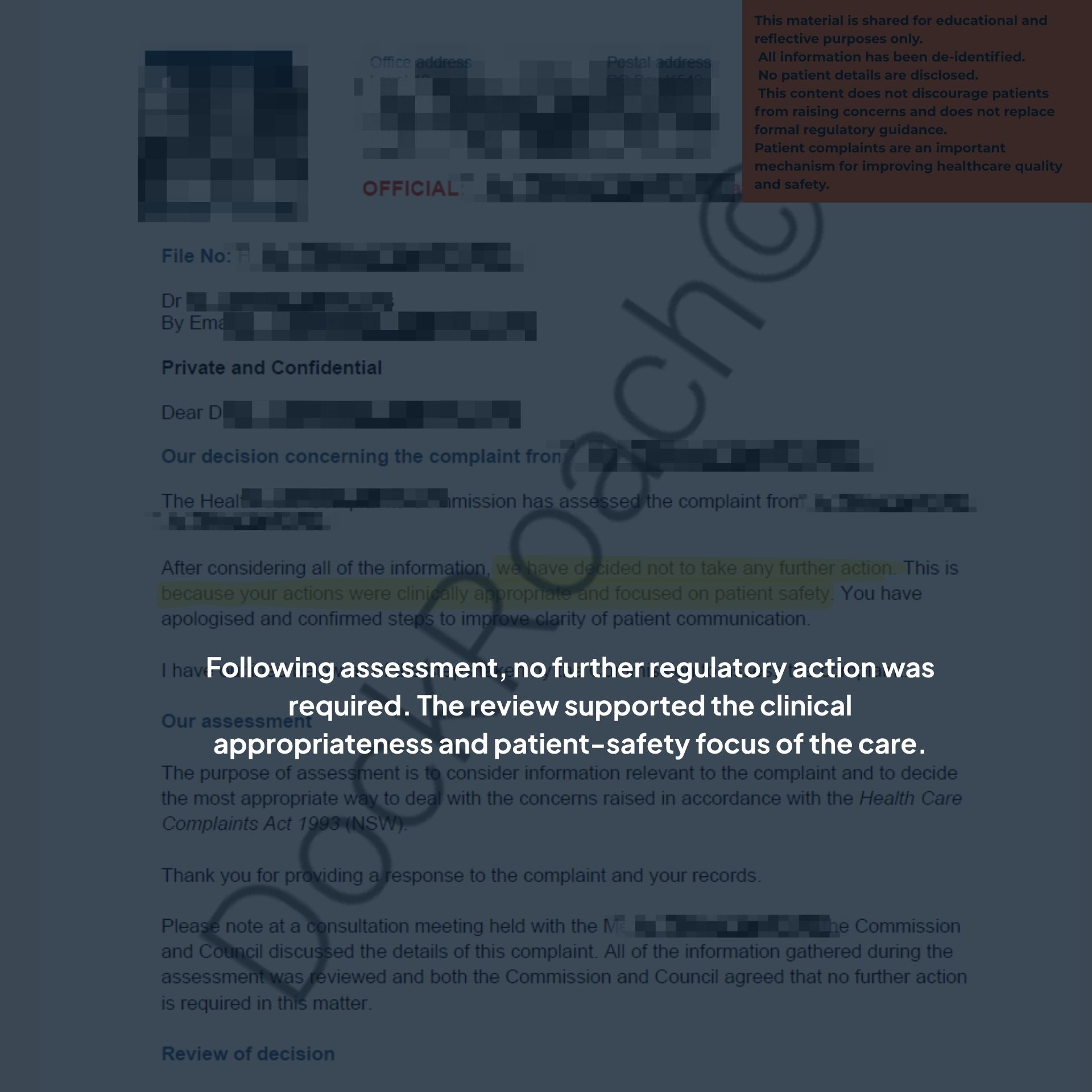 A de-identified sequence of regulatory correspondence showing a formal patient complaint followed by a determination of no further action, illustrating that Australian doctors—including IMGs after passing the AMC—are routinely subject to regulatory review as part of standard medical practice.