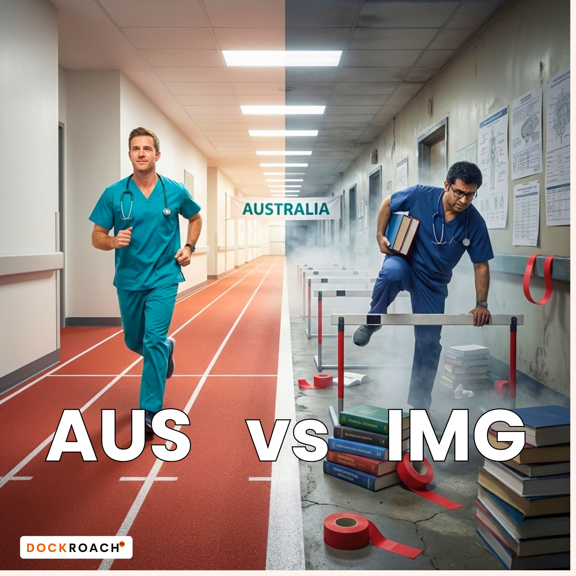 Split hospital corridor: left side shows an Australian doctor running on a track; right side shows an IMG navigating hurdles and books; text reads “AUS vs IMG” with “AUSTRALIA” sign above, DockRoach logo bottom left.