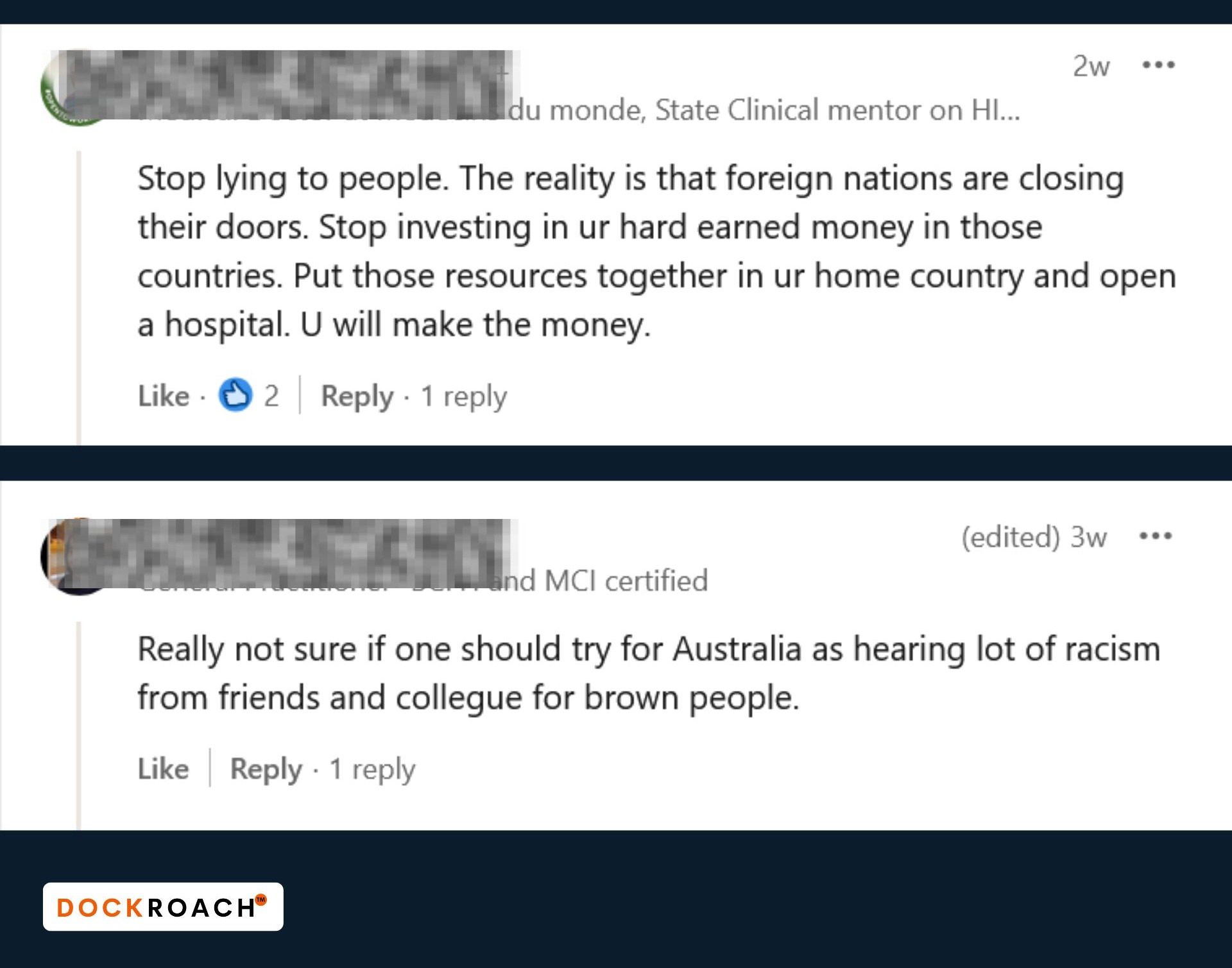 Two social media comments expressing fear and doubt about moving to Australia, used to show how outside opinions can cloud judgment for international medical graduates.
