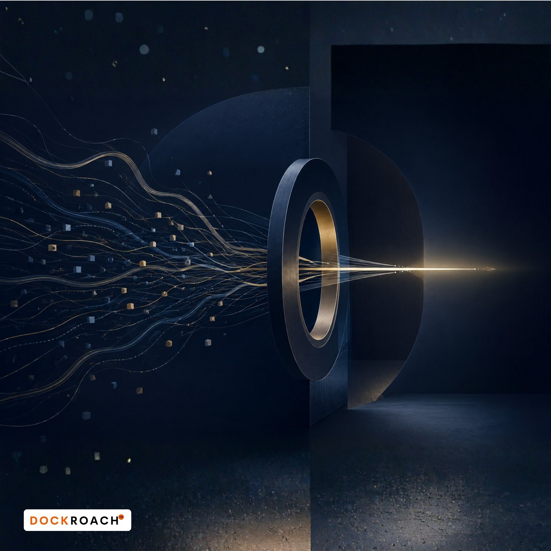 From Noise to Clinical Relevance Abstract navy and gold artwork showing many scattered information pathways narrowing through a central aperture into one clear direction, symbolising focused and relevant clinical history-taking.