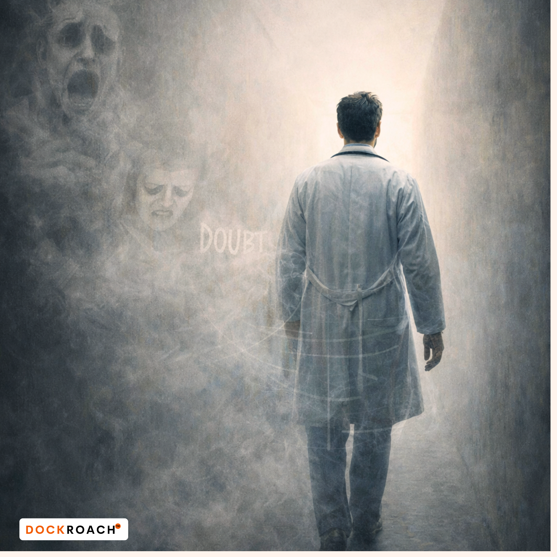 A doctor walks forward into light as shadowy figures of fear and doubt fade behind him. The scene symbolises overcoming failure in the AMC Clinical OSCE exam through structure, repetition, and emotional transcendence.