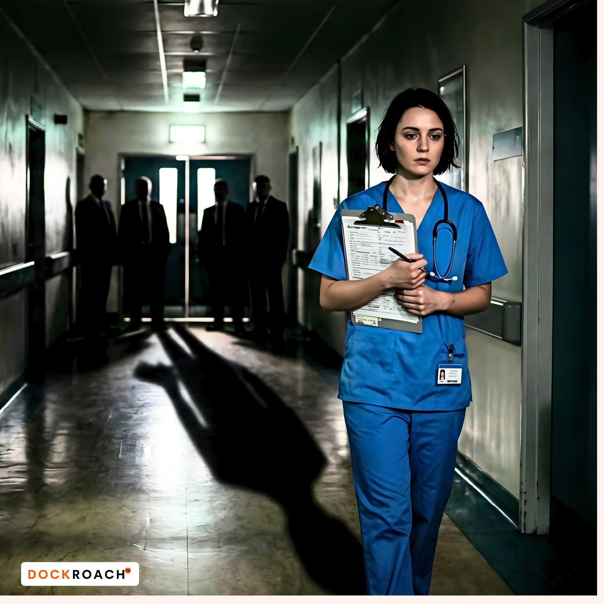 When the system tests your boundaries Cinematic hospital corridor scene showing a clinician in blue scrubs holding a clipboard, with shadowy suited figures in the background and a long, dark shadow across the floor, suggesting institutional pressure.