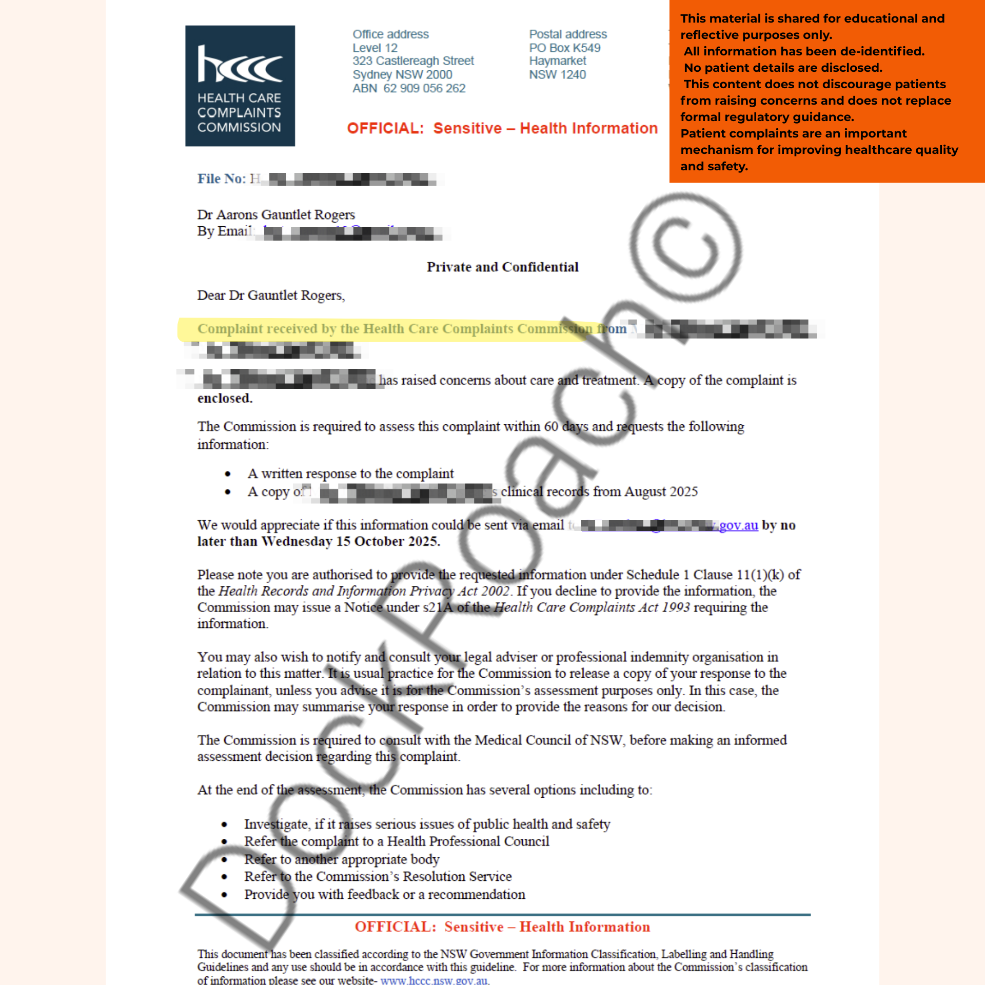 A de-identified sequence of regulatory correspondence showing a formal patient complaint followed by a determination of no further action, illustrating that Australian doctors—including IMGs after passing the AMC—are routinely subject to regulatory review as part of standard medical practice.