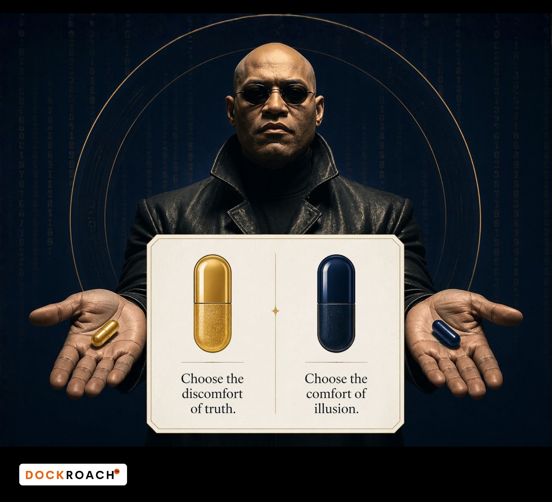 A symbolic figure holding out two capsules beside a sign that contrasts truth with illusion, representing the choice between honest clarity and false comfort in a major life decision.