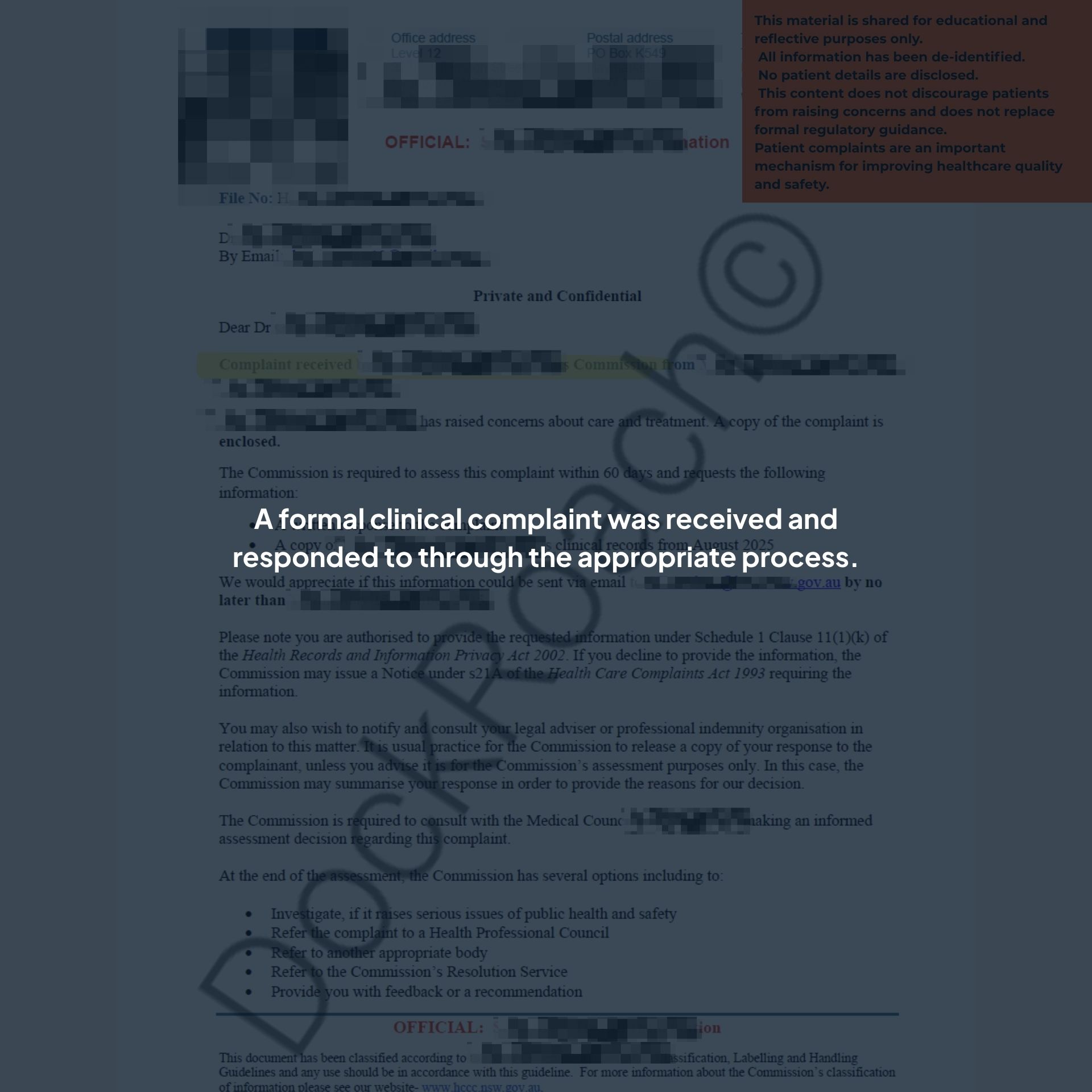 A de-identified sequence of regulatory correspondence showing a formal patient complaint followed by a determination of no further action, illustrating that Australian doctors—including IMGs after passing the AMC—are routinely subject to regulatory review as part of standard medical practice.
