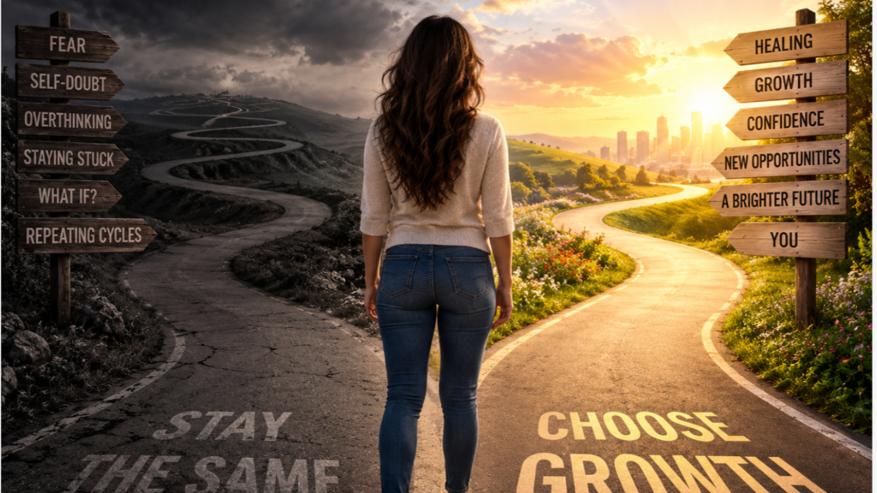 Woman standing at a crossroads choosing between growth and staying the same