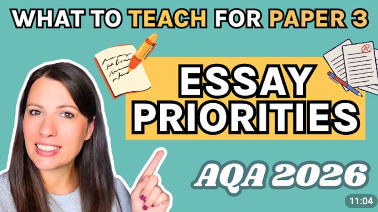 What to teach for paper 3: Essay Priorities for AQA 2026 - Miss Estruch points to the title