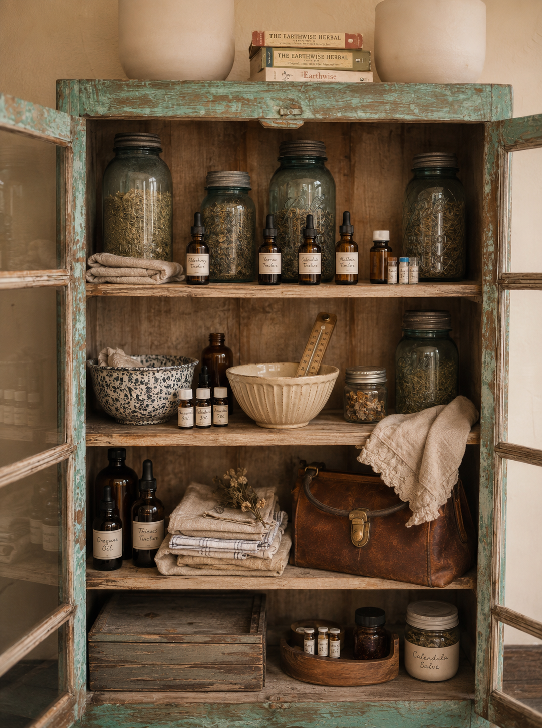 Annie's stocked home medicine cabinet with jars of herbs, tinctures and remedies