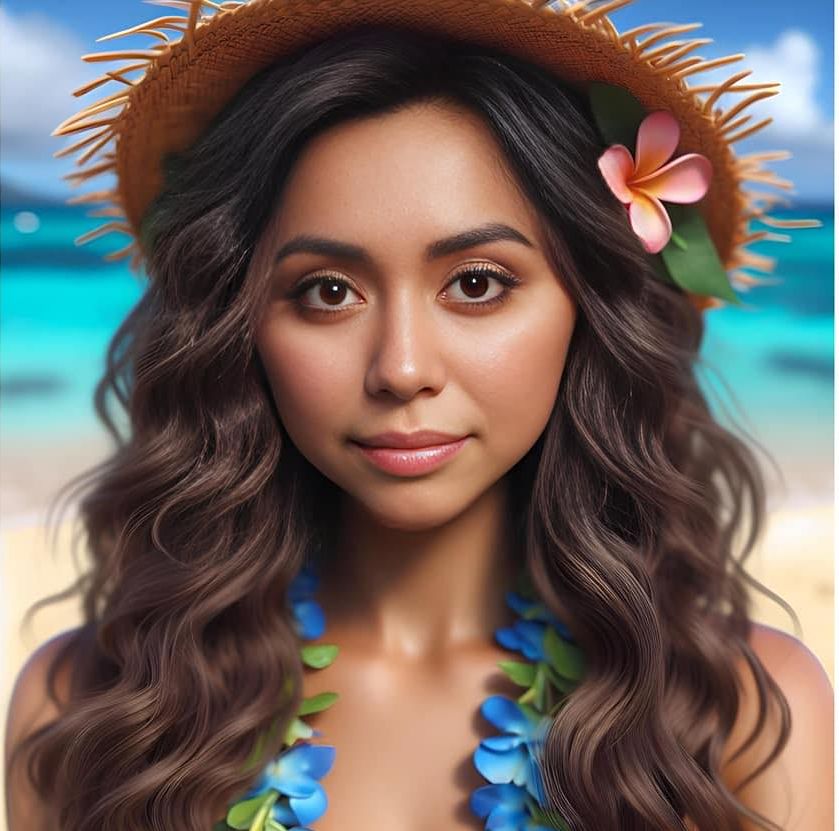 Picture of a woman with the beach in the background, she has a flower in her hair