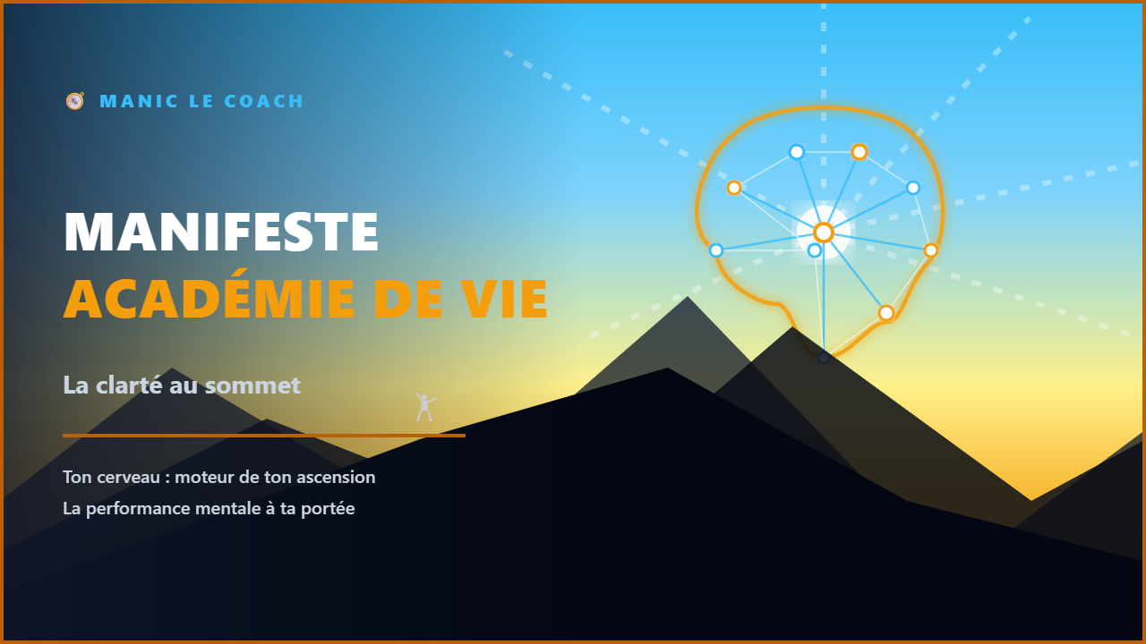 Illustration vectorielle d'un cerveau stylisé s'illuminant aux couleurs jaune ambre et bleu ciel au-dessus d'une ligne de crête de montagnes sombres, symbolisant la clarté d'esprit et l'espoir.