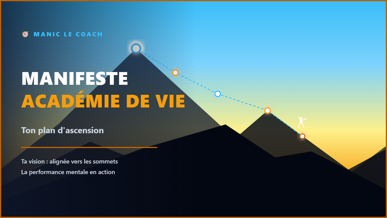 Silhouette d'un marcheur avec un sac à dos observant un sommet de montagne géométrique sous un ciel lumineux bleu et jaune, symbolisant le plan d'action et le mindset de réussite.