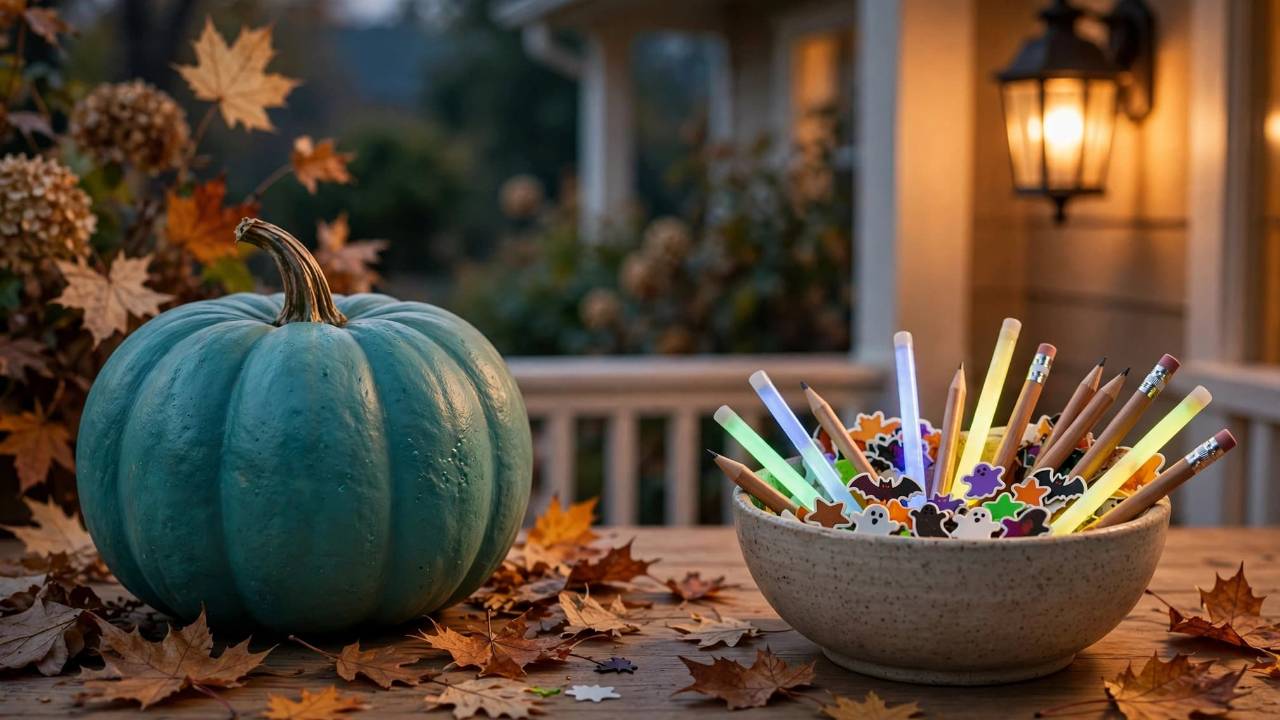 A teal pumpkin beside a bowl of non-food Halloween treats including glow sticks, pencils, and stickers on a porch