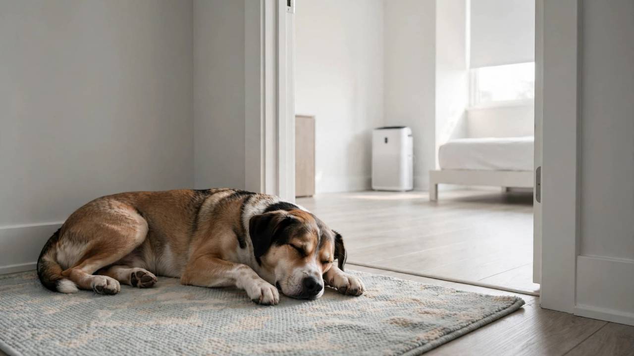 A brown and white dog sleeping on a rug in a bright bedroom doorway, with an air purifier in the background