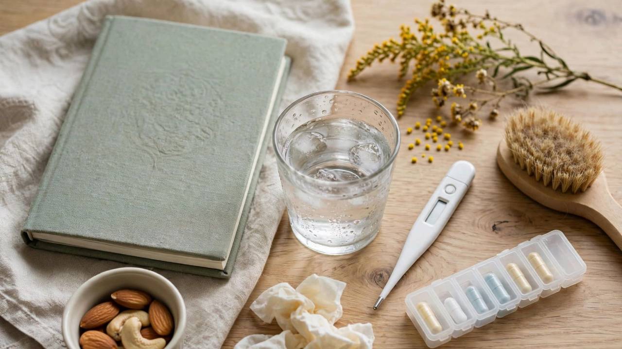 A symptom journal, glass of water, thermometer, weekly pill organizer, tissues, nuts and a sprig of pollen-covered flowers on a wooden table, items tied to tracking a child's allergies.