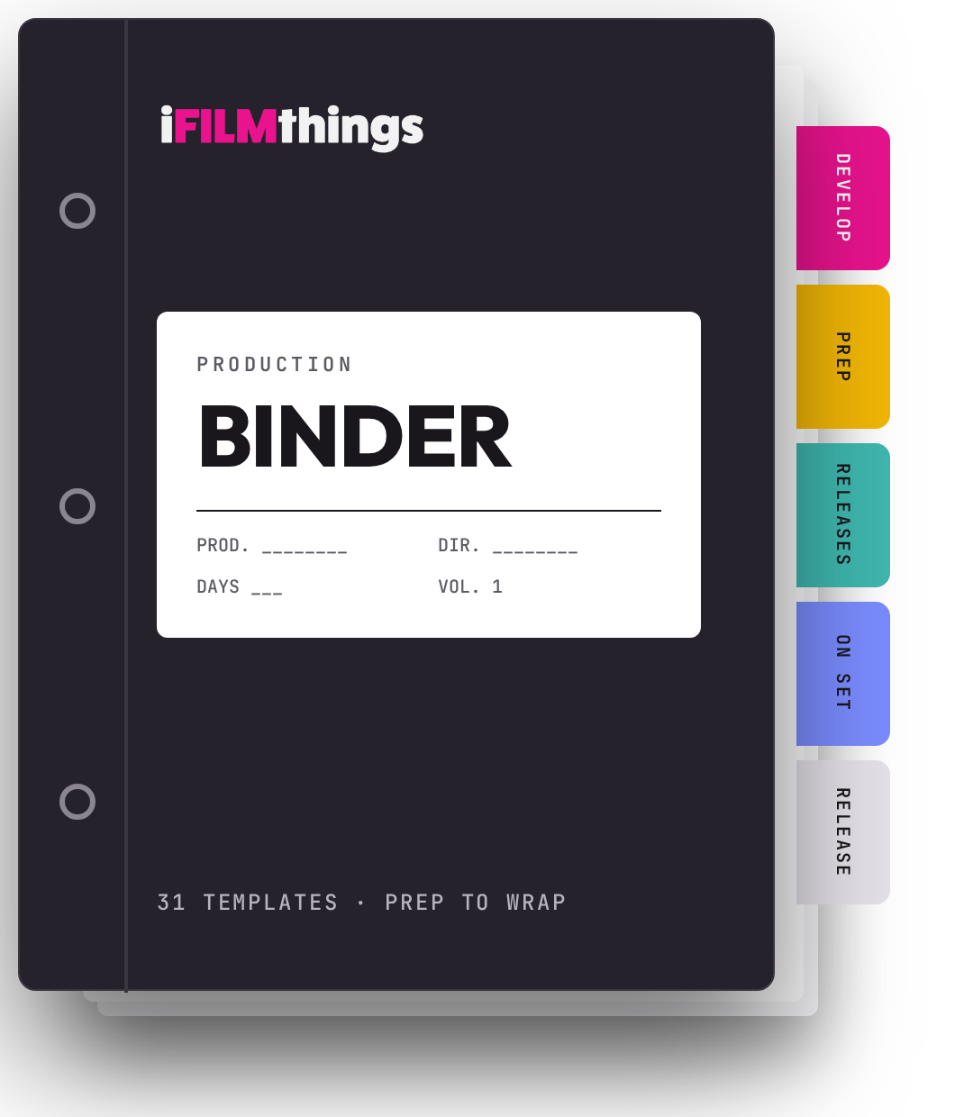 iFILMthings Production Binder with tabs for each production stage
