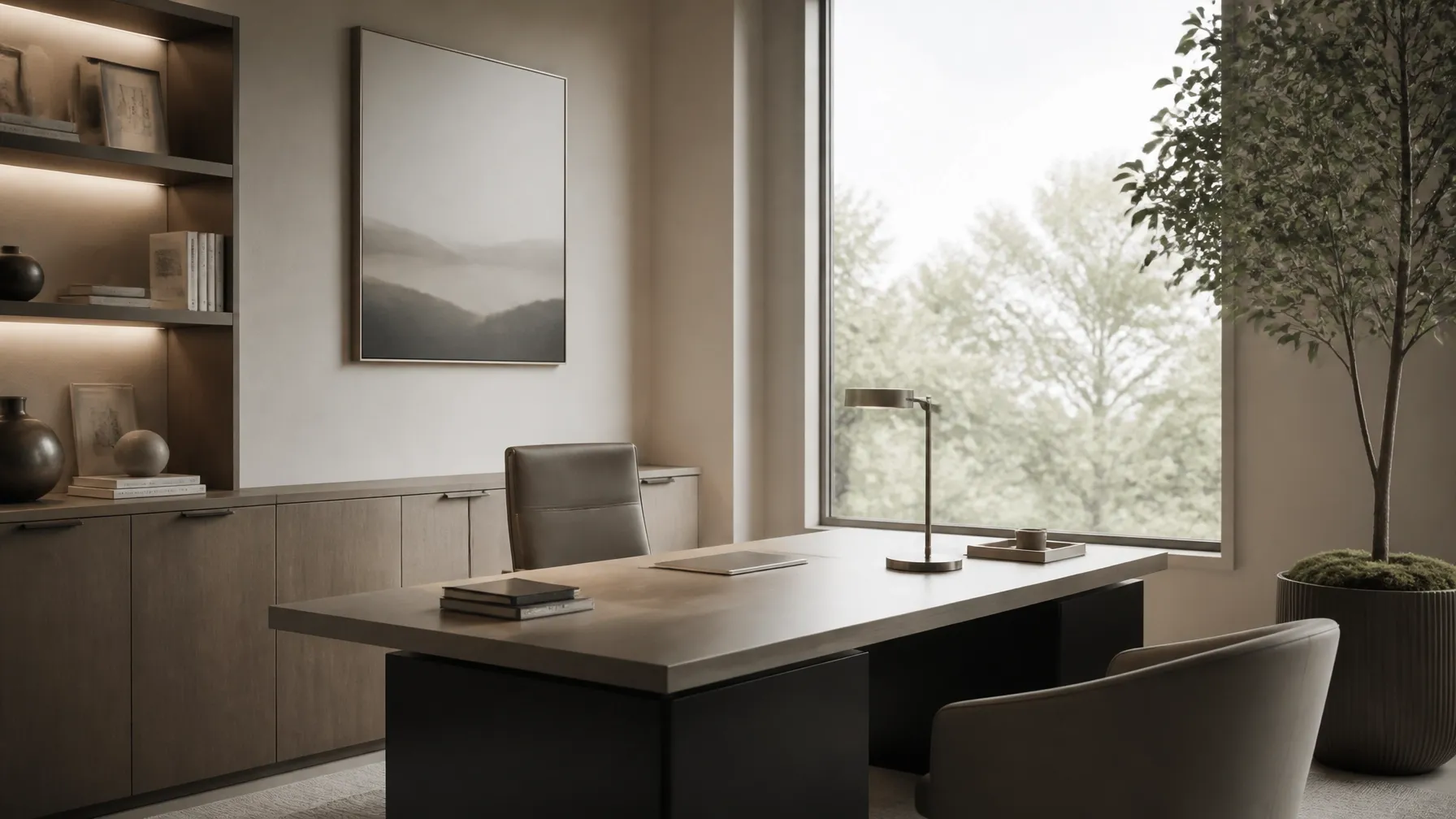 A professional and calm modern office interior with soft natural lighting and a neutral color palette.