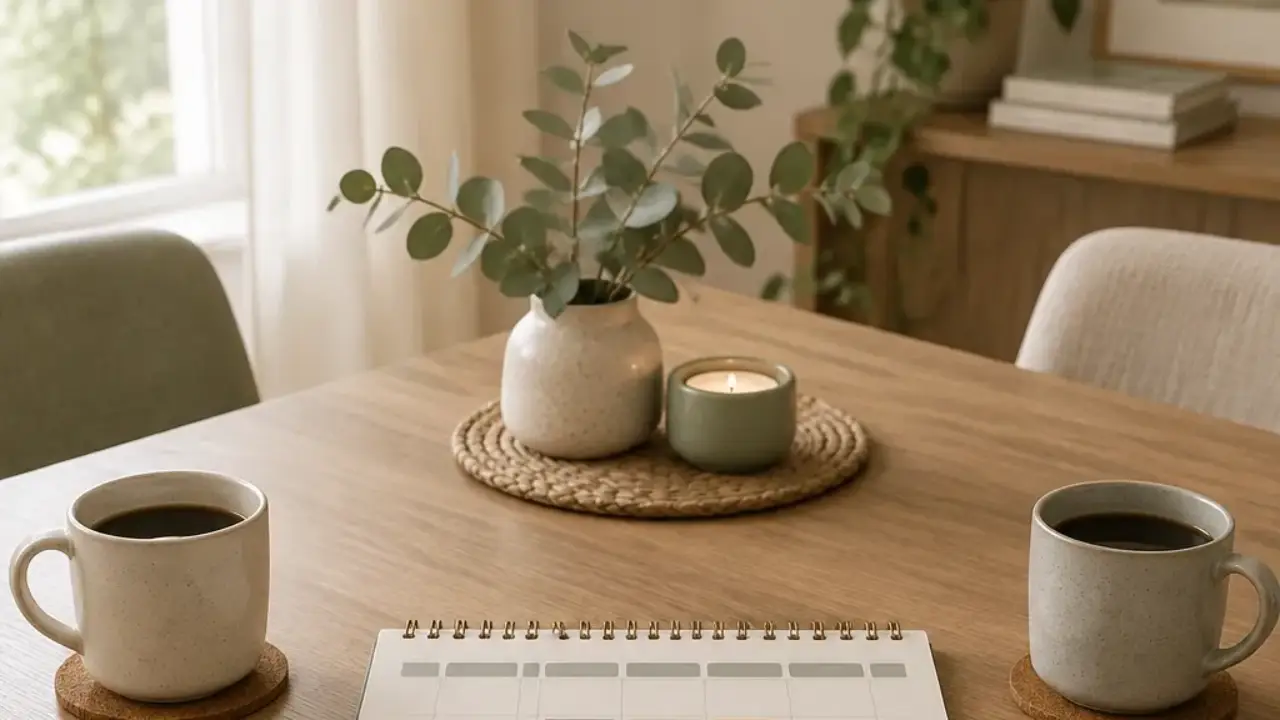 Calm home office at dawn with an open notebook, calendar, and scattered idea notes representing changing energy and disrupted routines.