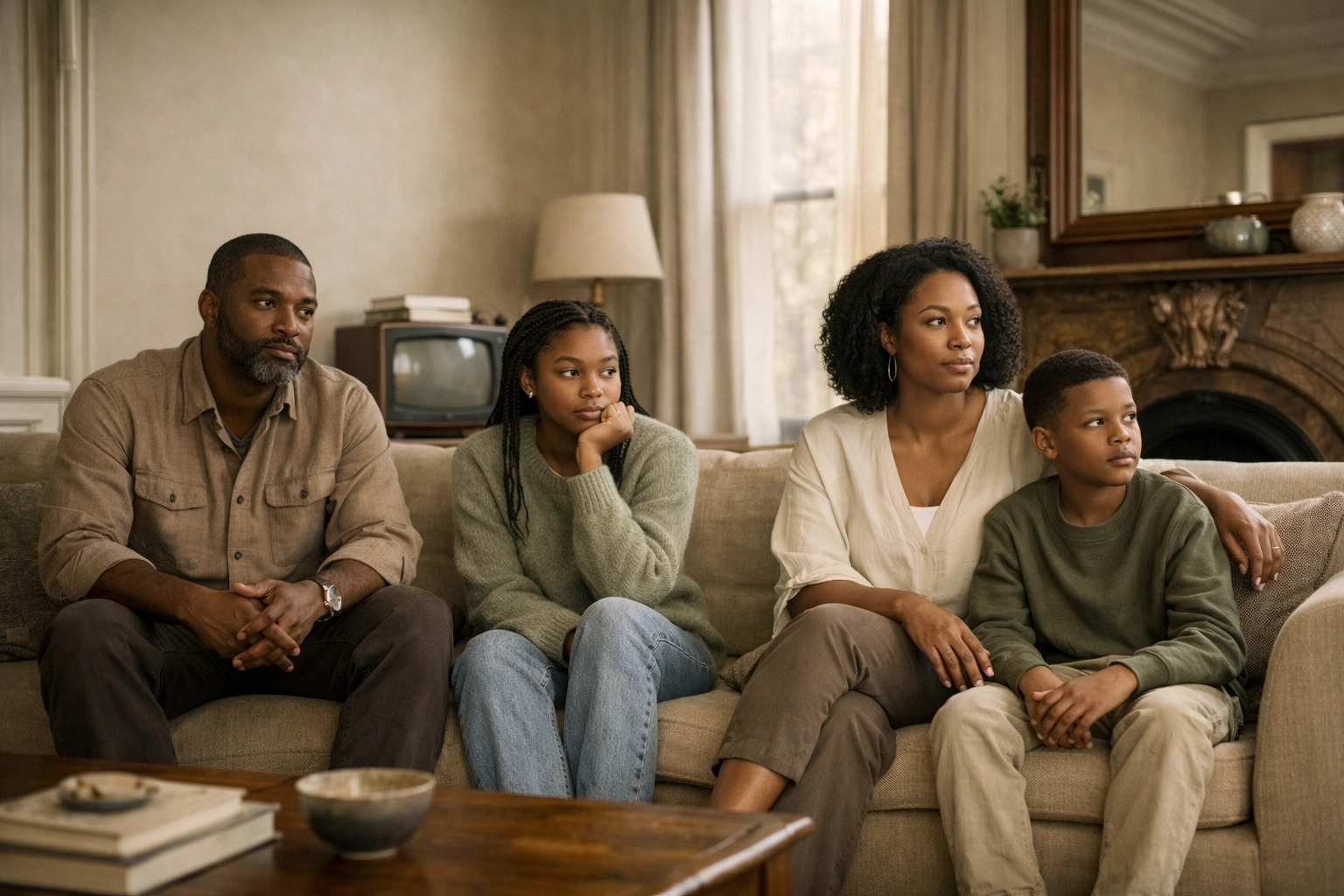 A conceptual representation of a Family sitting on a couch with a vintage TV glowing in the background, symbolizing media influence.