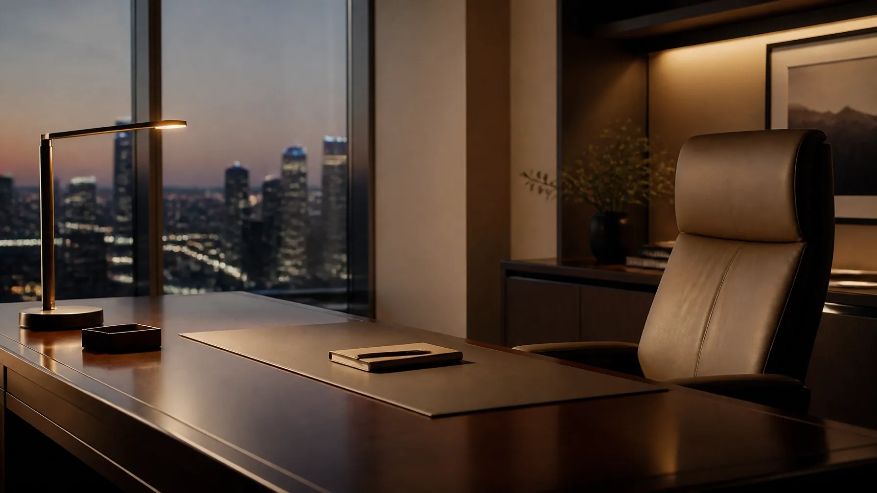 A minimalist, professional executive office at dusk, symbolizing reflection and quiet isolation.