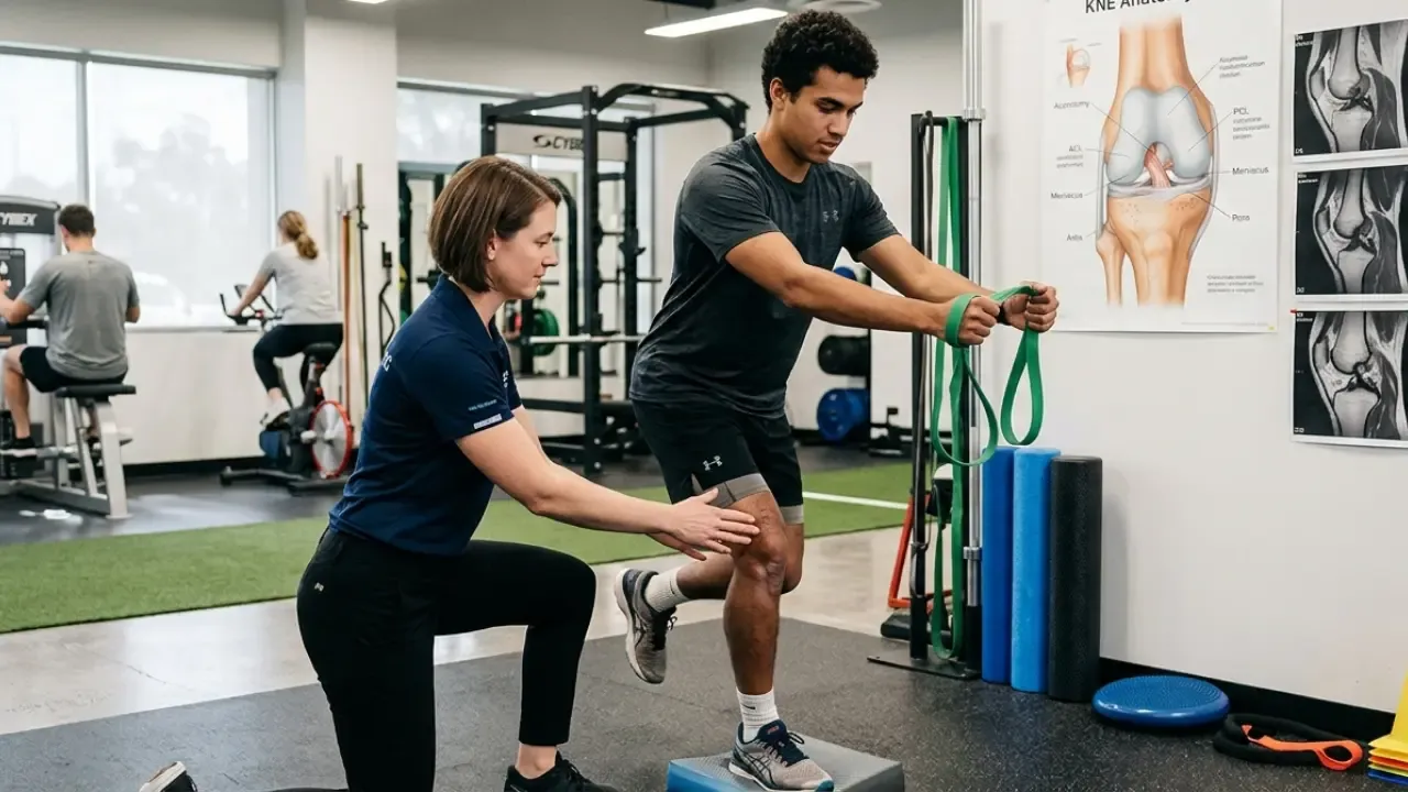 Female physical therapist guiding an athlete through ACL rehab protocol exercises and single-leg balance training in a sports medicine clinic.