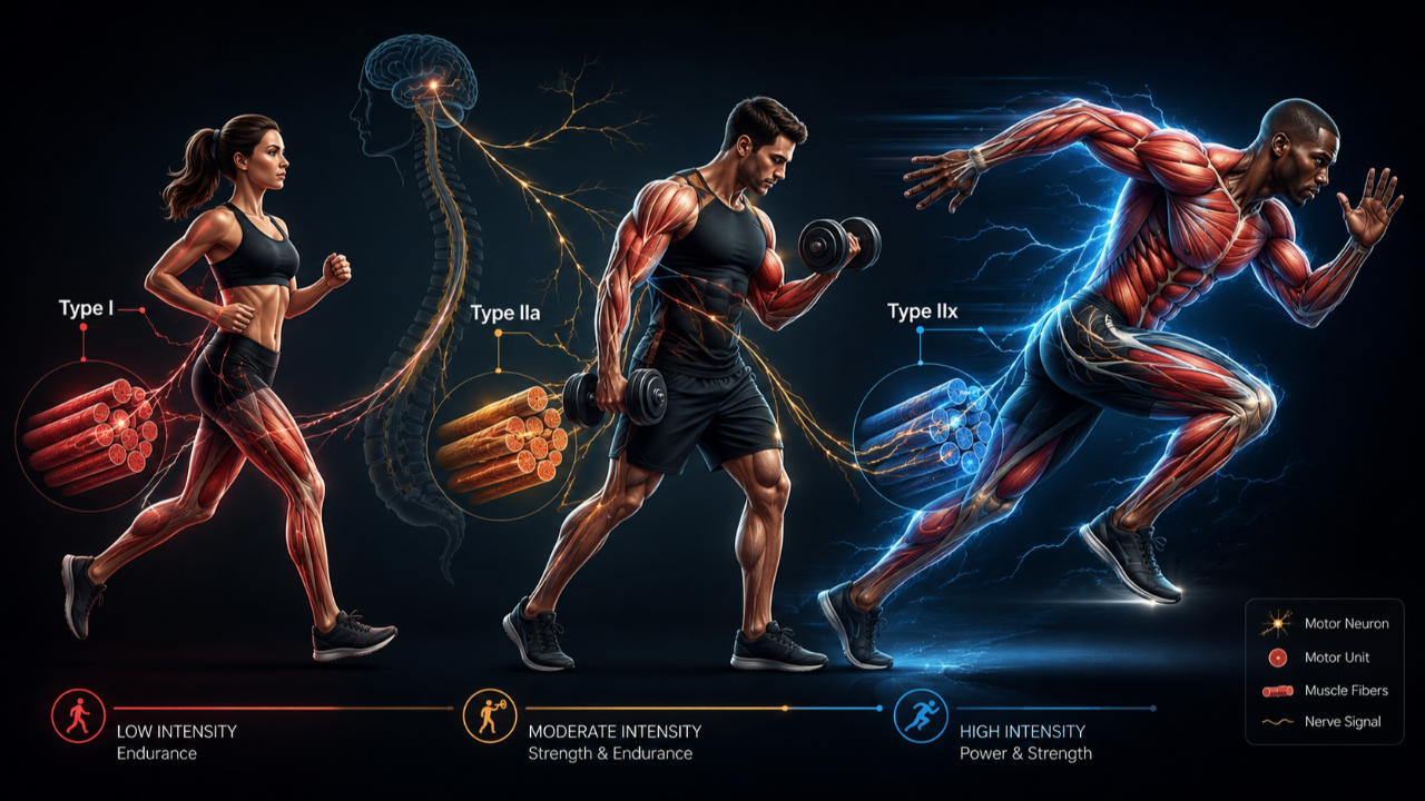 Medical illustration of Henneman’s size principle showing the progressive recruitment of Type I, Type IIa, and Type IIx muscle fibers during exercise.