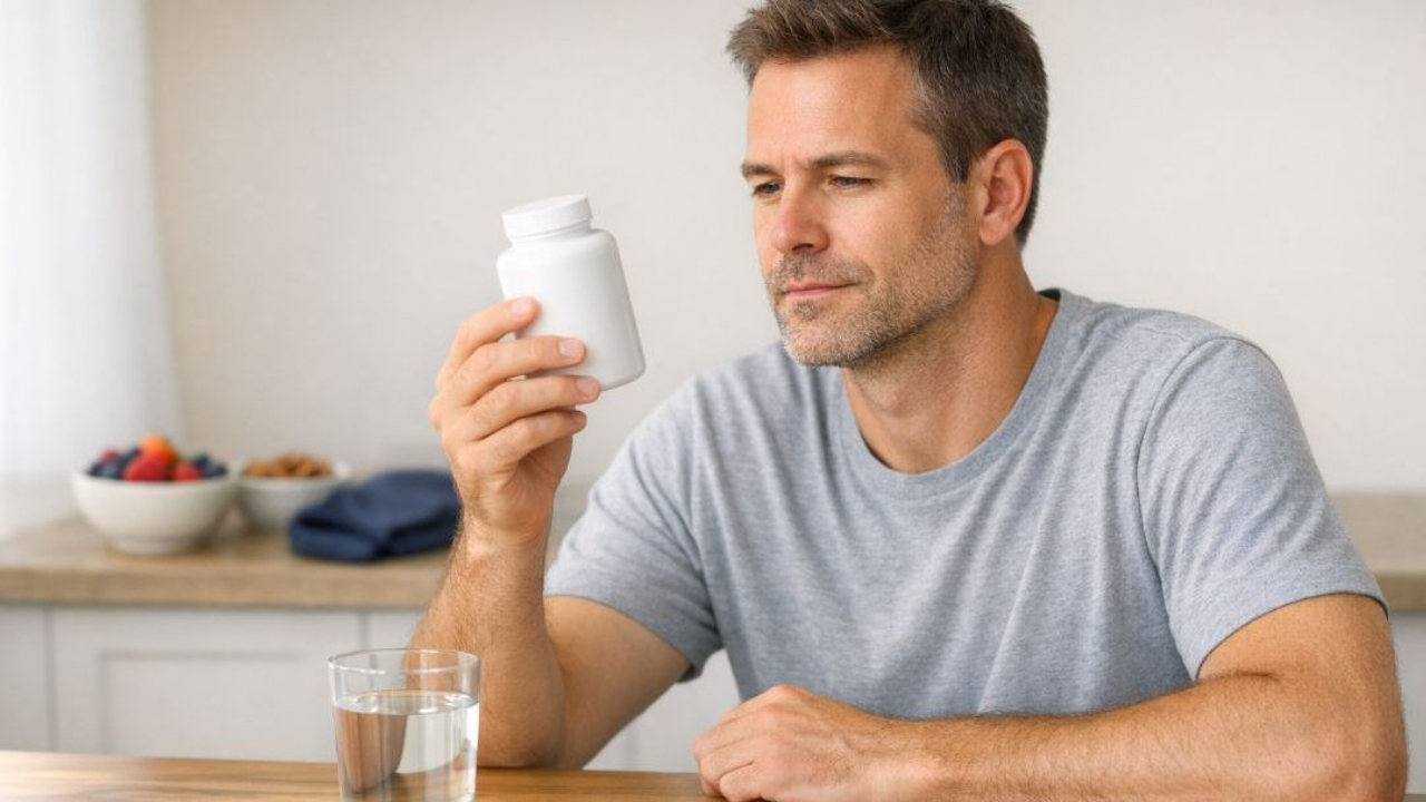 A middle-aged man thoughtfully examining a white supplement bottle at a kitchen table, illustrating the question of whether testosterone boosters are effective or fall short.