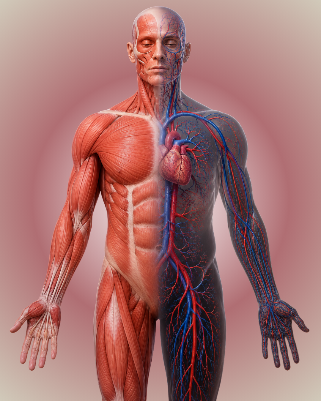 Human anatomy illustration showing the muscular and cardiovascular systems blended within a single body for a muscular and cardiovascular anatomy workshop.