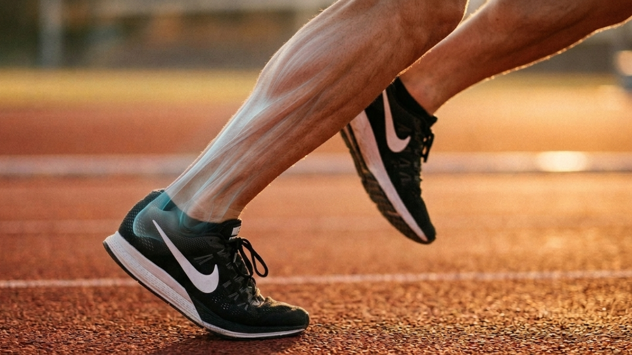 An editorial sports science photo of a runner's lower leg during the eccentric loading phase of a running gait, featuring a subtle anatomical overlay of the gastrocnemius, soleus, and Achilles tendon complex on an outdoor track at golden hour.