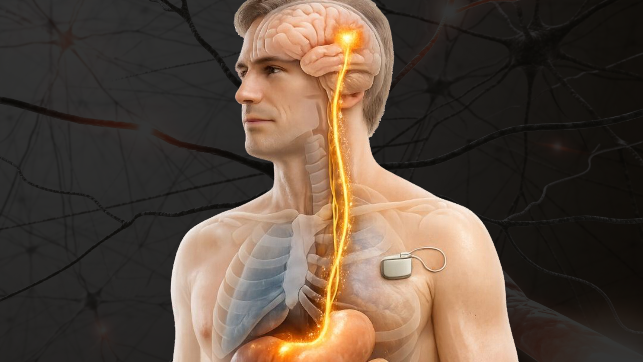 An anatomical diagram of a man showing a glowing yellow vagus nerve pathway connecting the brain stem down to the stomach, with an implanted neurostimulator device in the chest.