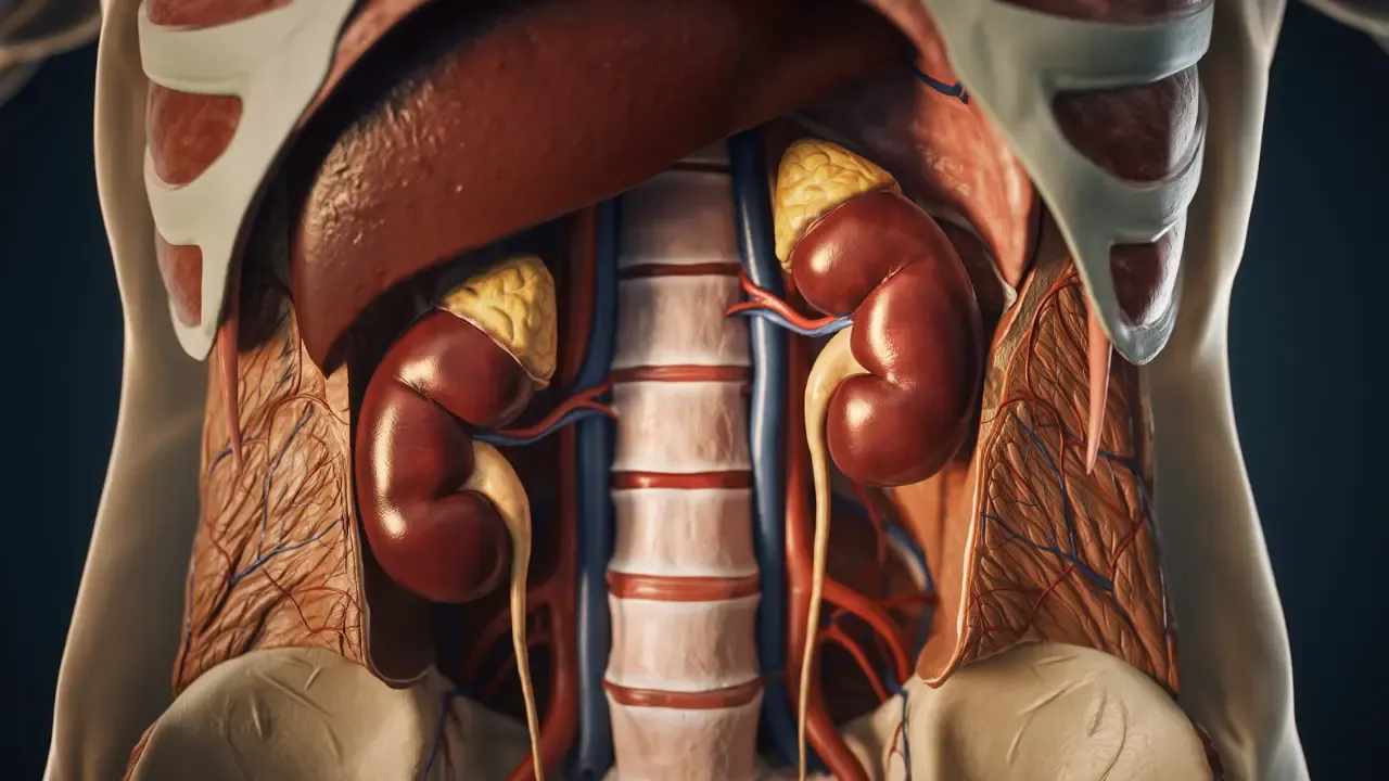 3D medical model of the human abdominal cavity displaying the liver and kidneys working together for body detoxification.