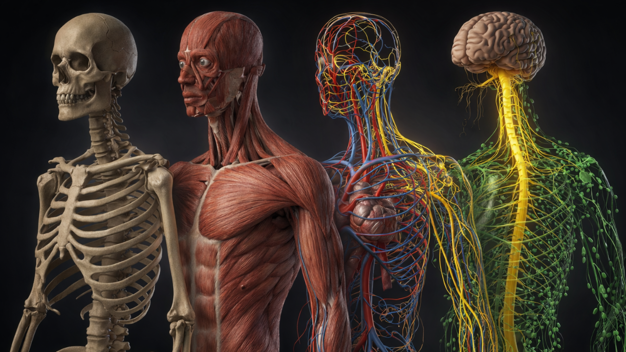 Anatomical 3D illustration showing the skeletal, muscular, circulatory, nervous, and lymphatic systems of the human body side-by-side against a dark background.