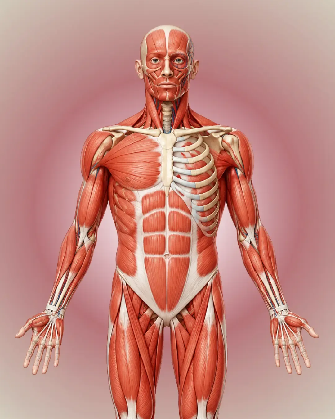 Human anatomy illustration showing the muscular and cardiovascular systems blended within a single body for a muscular and cardiovascular anatomy workshop.