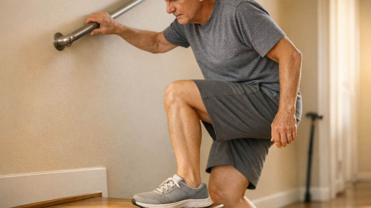 Older man experiencing muscle torque decline with age while struggling to climb indoor stairs with a handrail.