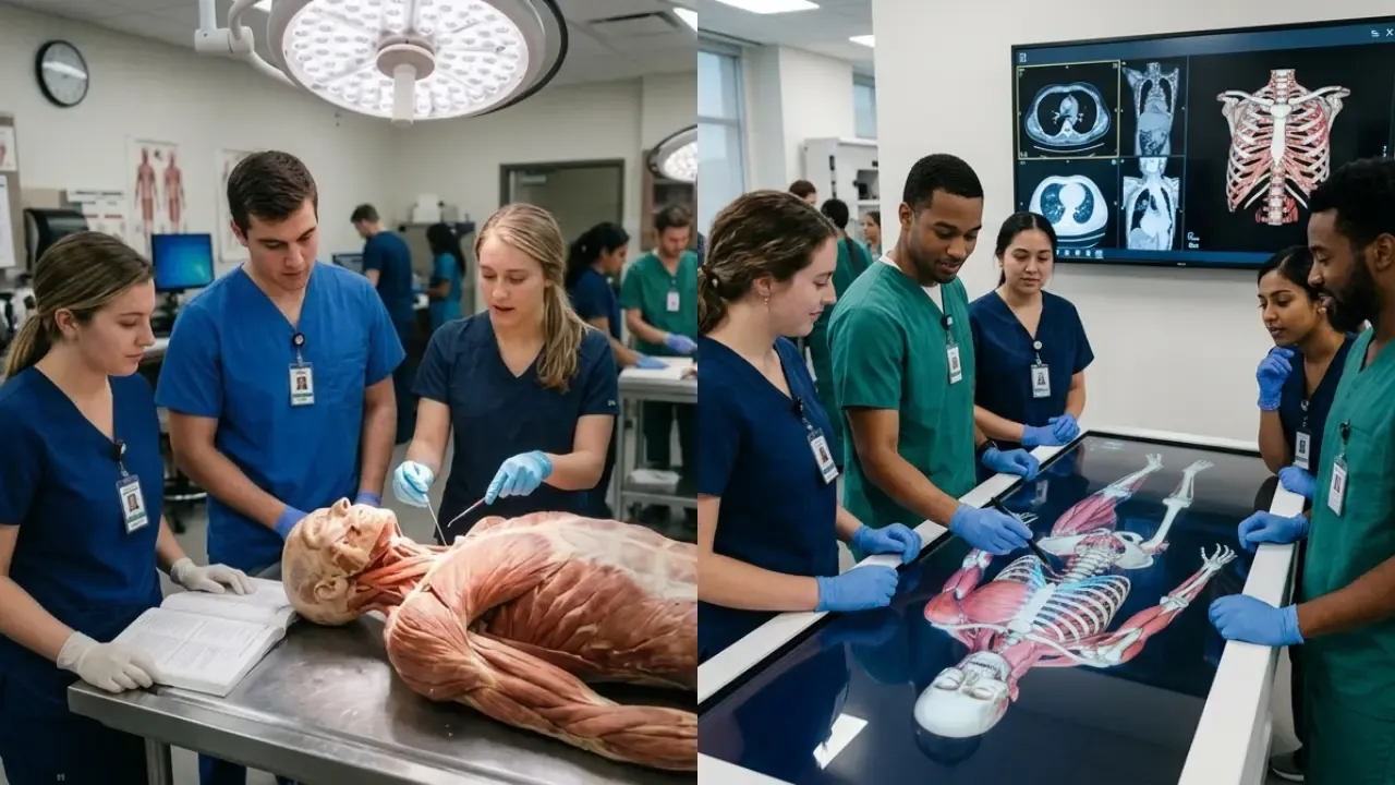 Comparative view of physical therapy students analyzing human muscular anatomy on a traditional cadaver dissection table and a digital virtual dissection table.