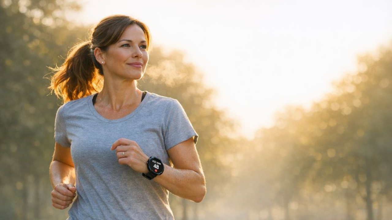 Middle-aged woman running outdoors during sunset, checking her VO2 max data on a smartwatch to track cardiovascular health and longevity.
