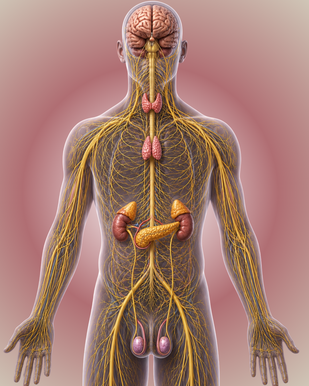 Photorealistic 3D illustration of the human nervous and endocrine systems featuring the brain, spinal cord, peripheral nervous system, thyroid, thymus, adrenal glands, pancreas, kidneys, and endocrine glands in anatomical position.