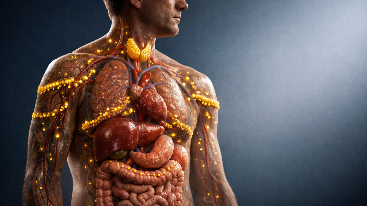 3D medical illustration showing cholesterol transport pathways, liver function, and lipid metabolism throughout the human organ systems.