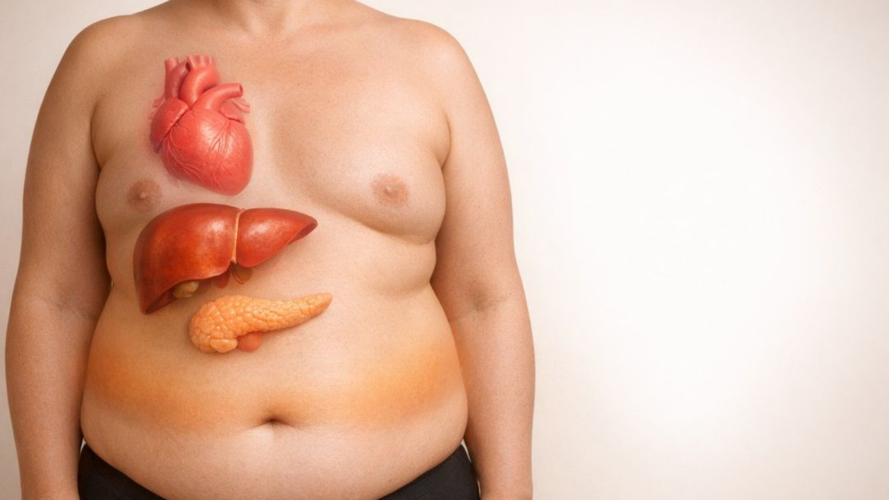 Medical illustration of a human torso showing the anatomical location of the heart, liver, and pancreas to demonstrate how obesity impacts internal organs.