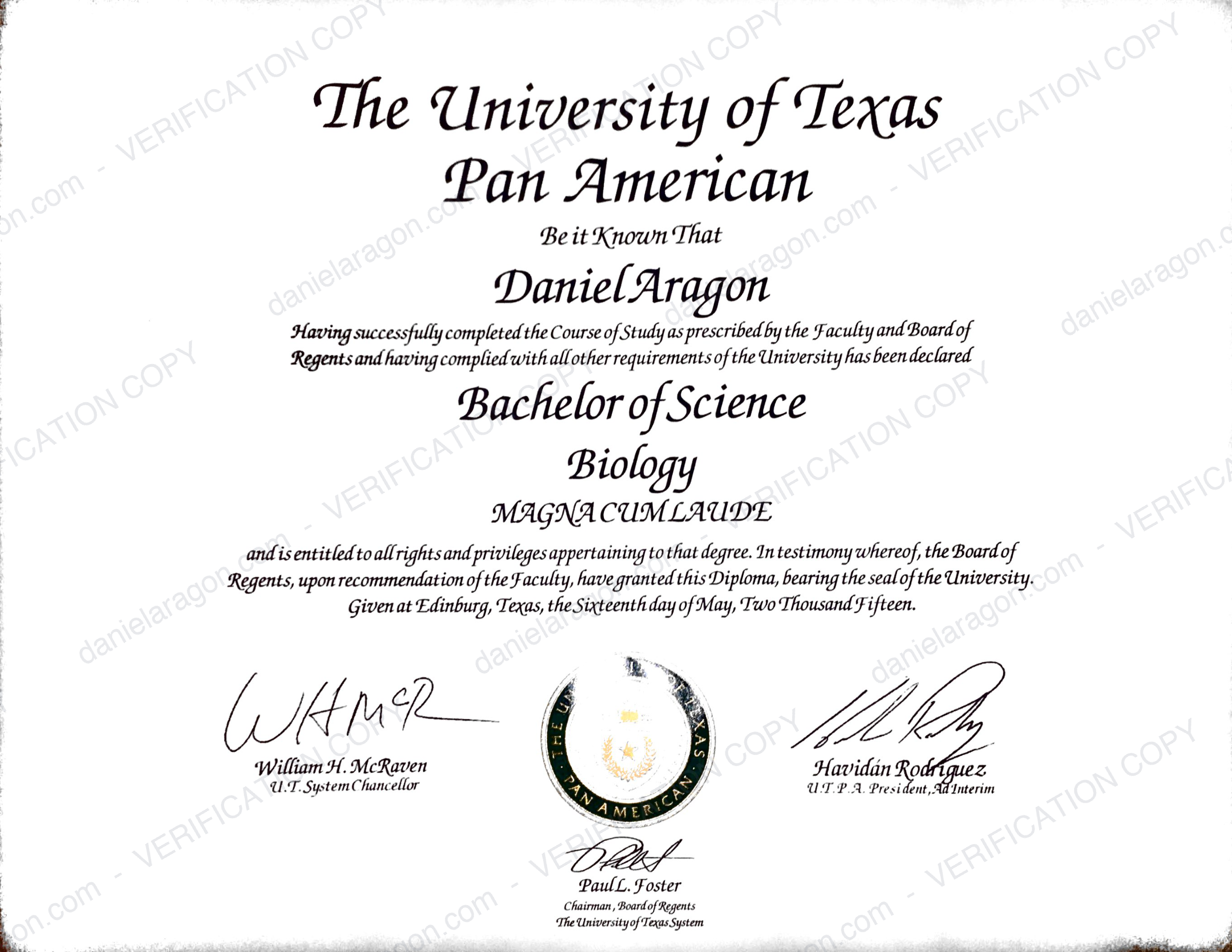 UTPA Bachelor of Science Biology Magna Cum Laude 2015 - Daniel Aragon
