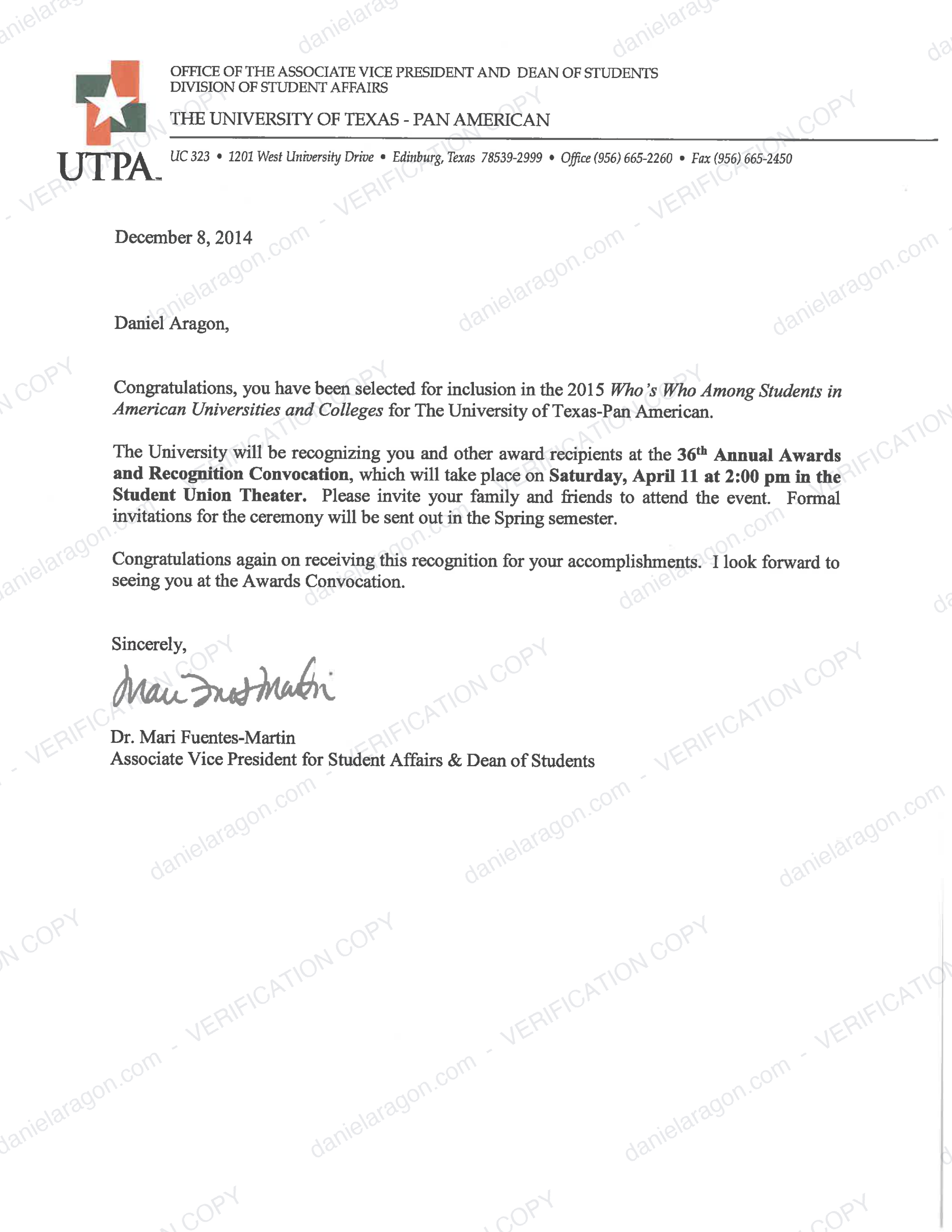 Who's Who Among Students selection letter 2015 - Daniel Aragon